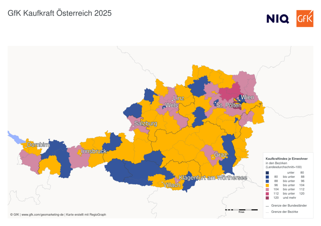 Kaufkraft in Österreich 2025: Wo das Geld sitzt – aktuelle GfK-Daten im Vergleich Die neue GfK-Kaufkraftstudie zeigt: In Österreich bleibt die Kaufkraft relativ gleichmäßig verteilt. Dennoch lohnt sich der Blick auf Bundesländer und Bezirke. Wo es 2025 am meisten zu holen gibt, zeigt unser Überblick.
